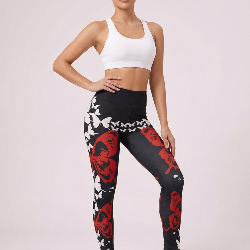 Universal Standard Black Leggings with Red Floral & White Butterfly Print